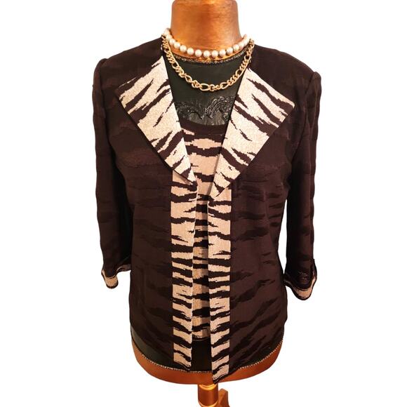 Ming Wang Brown Cream Animal Print Jacket Tank Set Knit 2 Piece Outfit Size S - Picture 3 of 7